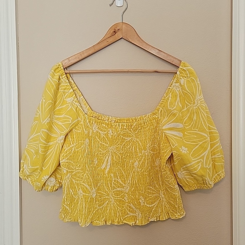 Smocked Floral Top Sz L Cottagecore Puff Sleeve Cropped New Linen Blend Yellow